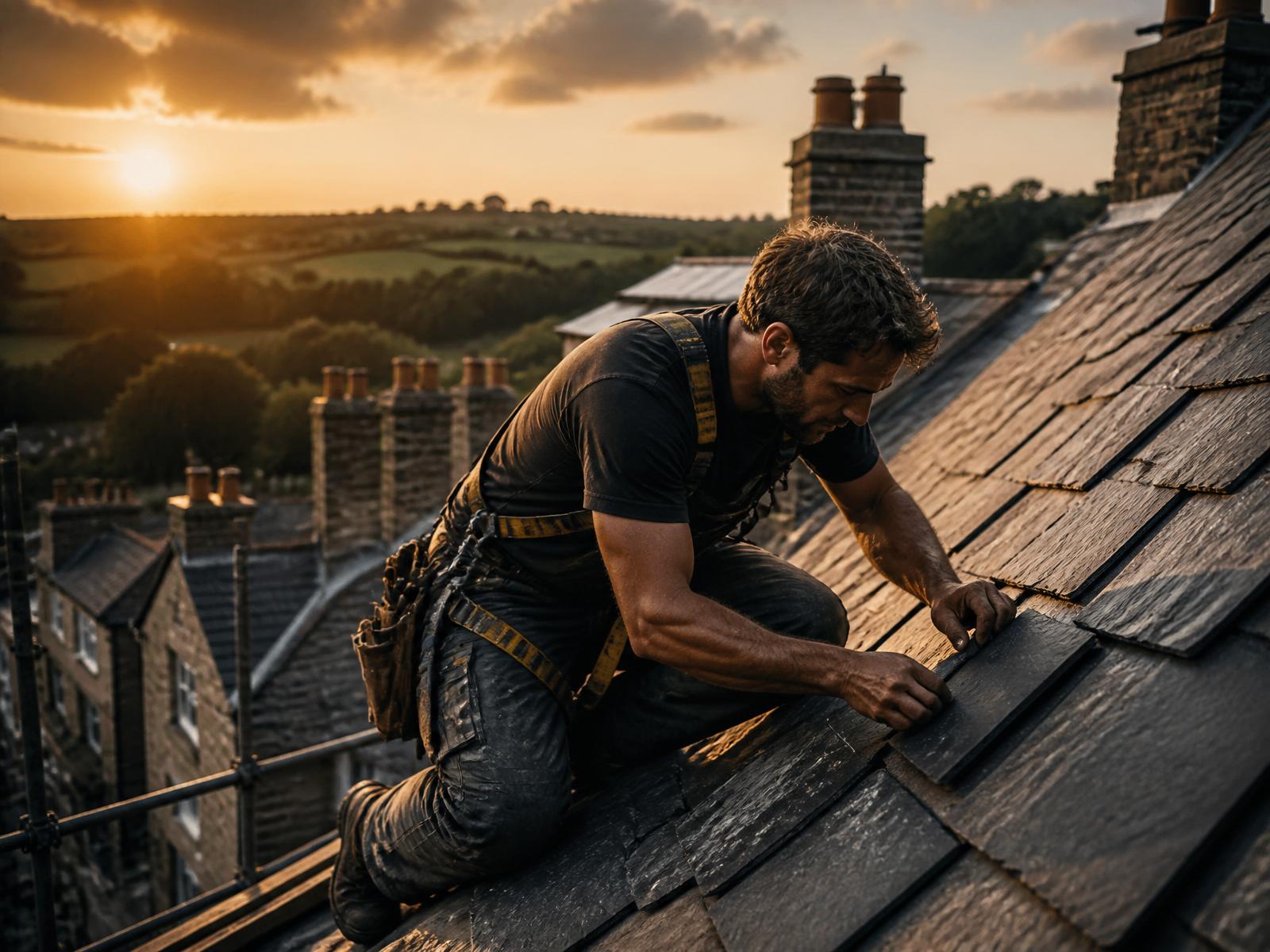 Roofer laying slate tiles at golden hour on a traditional English roof